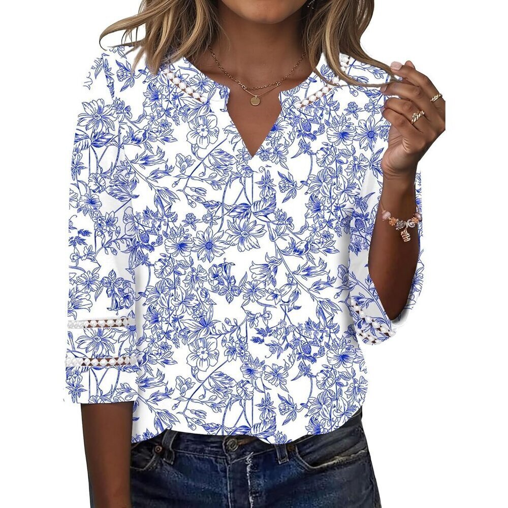 Womens Lace Embroidered V Neck Tunic Top Summer Casual Loose Fit - Picture 1 of 5